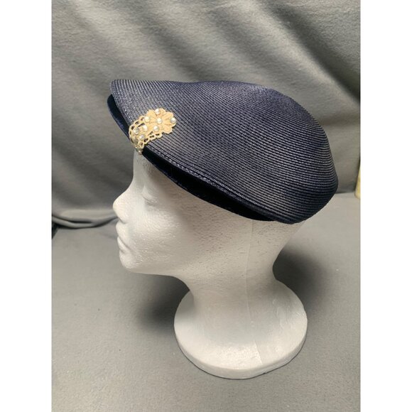 Vintage 1960s Navy Blue Velvet & Straw Hat with Gold Embellishments Adjustable - Picture 2 of 10